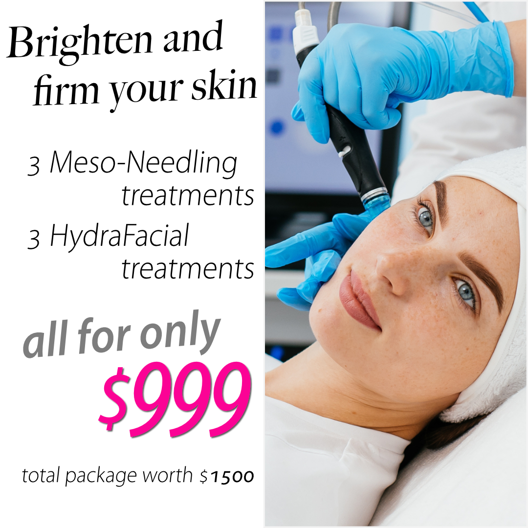 Experience the ultimate skin rejuvenation with our exclusive package: 3 Meso-Needling treatments and 3 HydraFacial sessions for just $999.