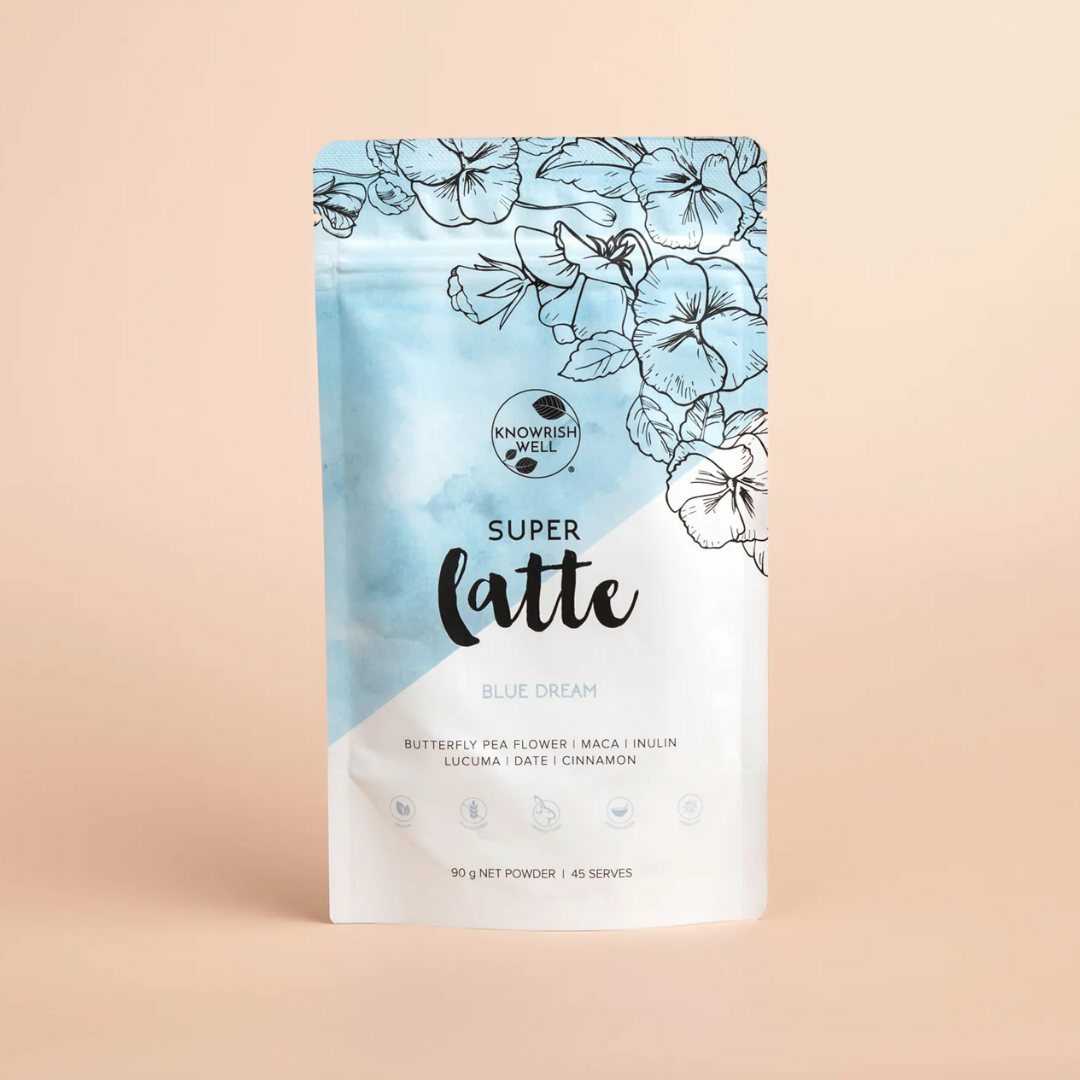 Blue Dream Super Latte is a caffeine-free blue latte made with butterfly pea flower, superfoods, and prebiotic fibre, without any added sugar. It has a heavenly blueberry ice cream taste and offers a vibrant way to enjoy a healthy drink.