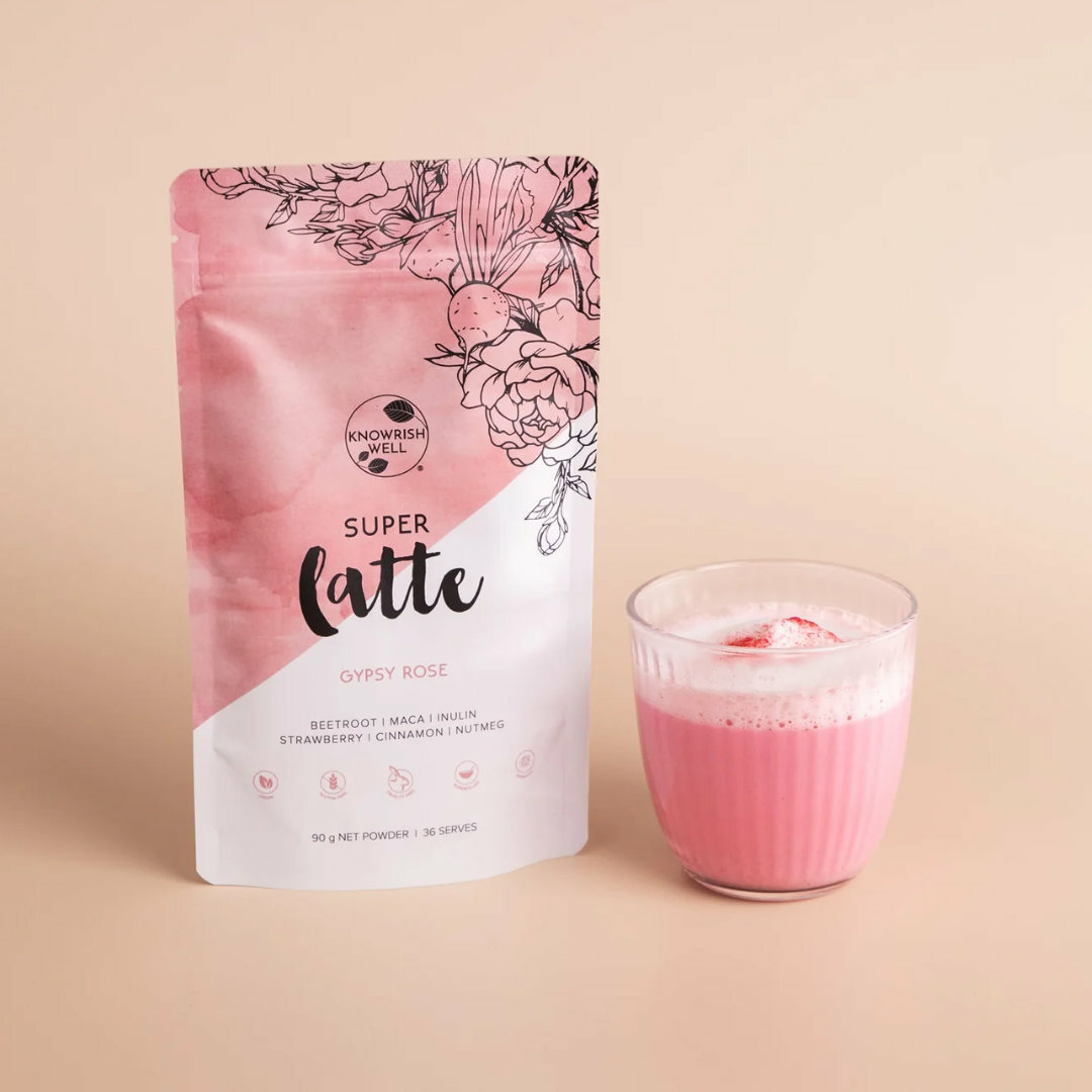 Gypsy Rose Super Latte is a caffeine-free beetroot latte with superfoods and prebiotic fibre, all without added sugar. It has a naturally pink colour and a velvety taste of strawberry and rose.