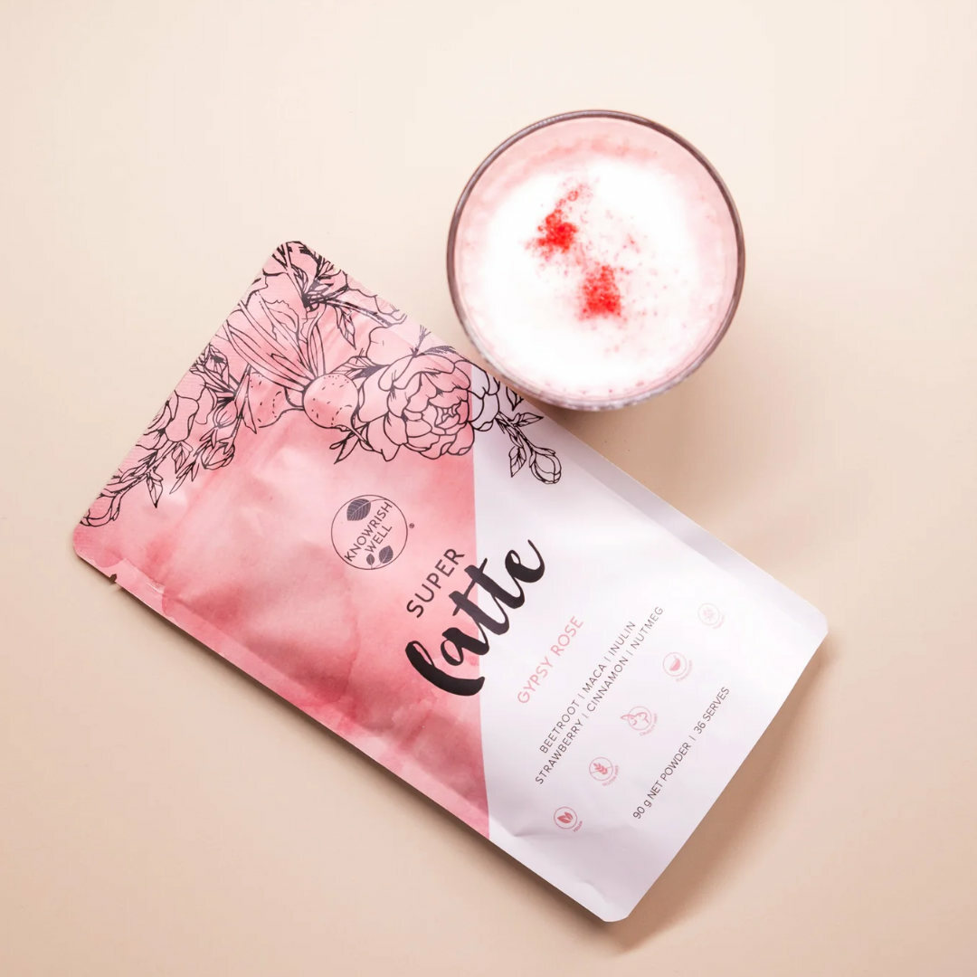 Gypsy Rose Super Latte is a caffeine-free beetroot latte with superfoods and prebiotic fibre, all without added sugar. It has a naturally pink colour and a velvety taste of strawberry and rose.