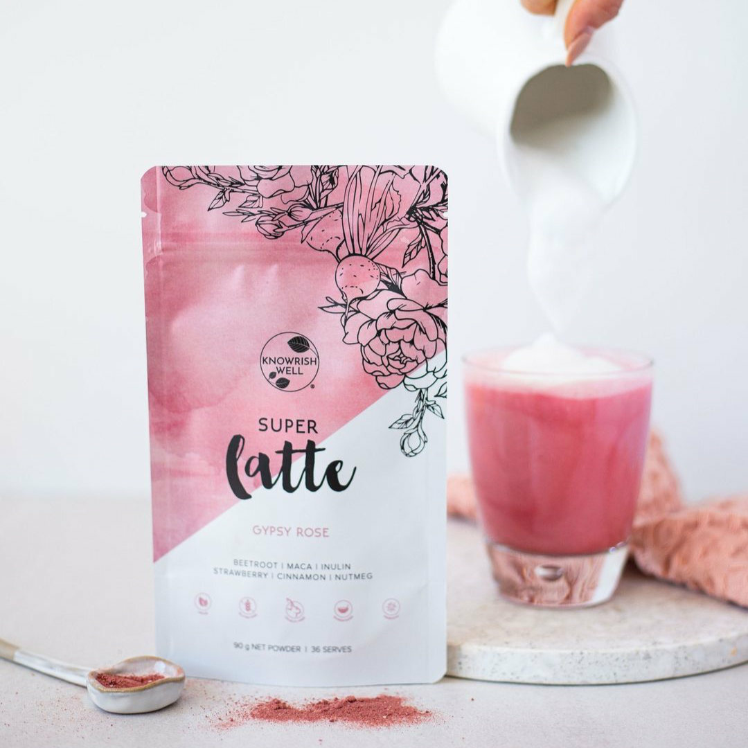 Gypsy Rose Super Latte is a caffeine-free beetroot latte with superfoods and prebiotic fibre, all without added sugar. It has a naturally pink colour and a velvety taste of strawberry and rose.