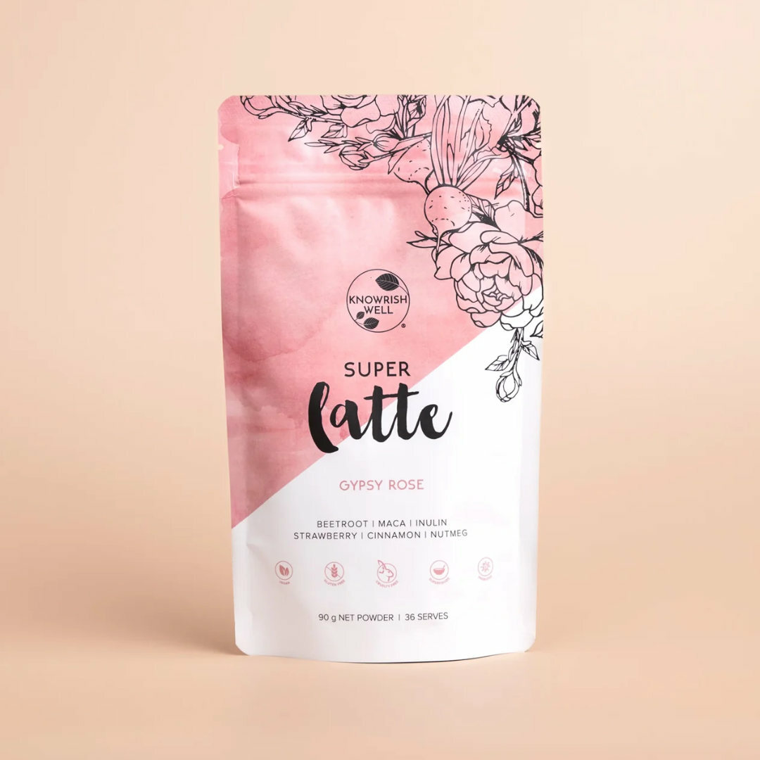 Gypsy Rose Super Latte is a caffeine-free beetroot latte with superfoods and prebiotic fibre, all without added sugar. It has a naturally pink colour and a velvety taste of strawberry and rose.