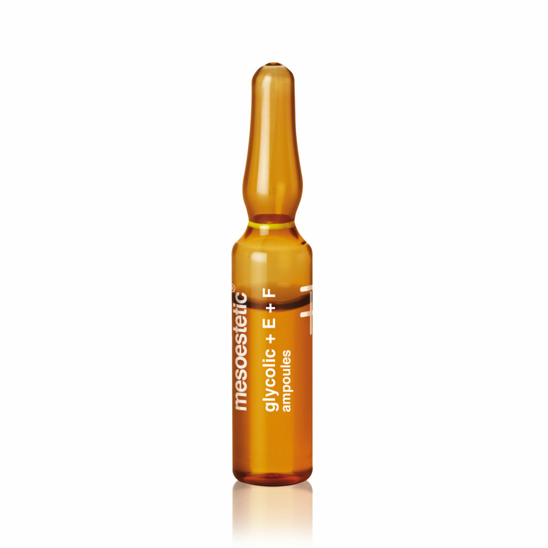 mesoestetic glycolic + E + F ampoules - are an exfoliating solution that accelerates cell renewal to reduce imperfections.