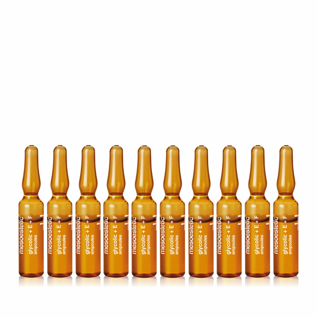 mesoestetic glycolic + E + F ampoules - are an exfoliating solution that accelerates cell renewal to reduce imperfections.