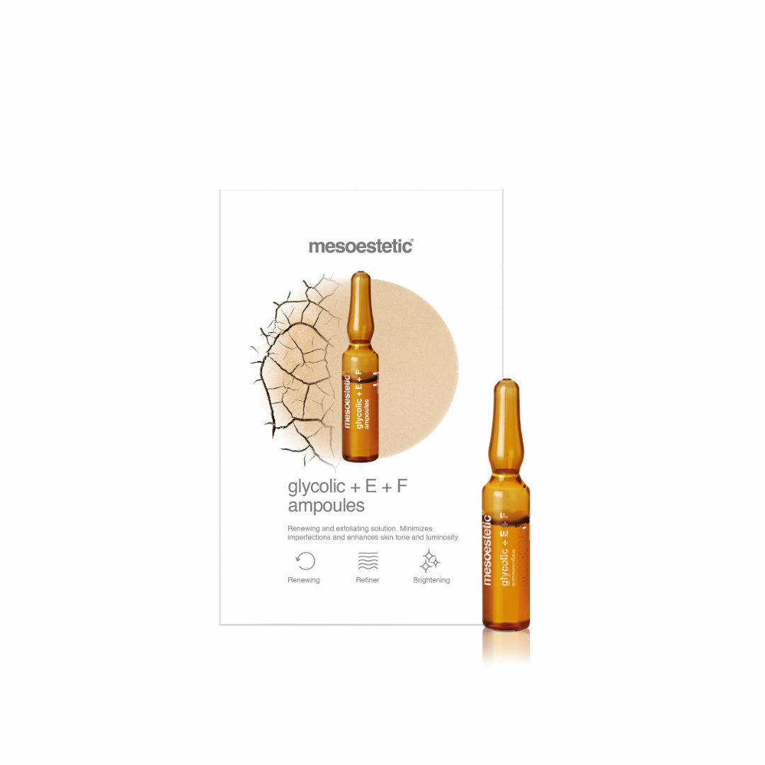 mesoestetic glycolic + E + F ampoules - are an exfoliating solution that accelerates cell renewal to reduce imperfections.