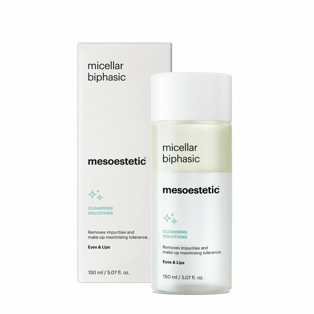 mesoestetic micellar biphasic - is a make-up remover formulated for high tolerance in the eye and lips. Gently removes dirt and make-up, even if waterproof without leaving an oily residue.