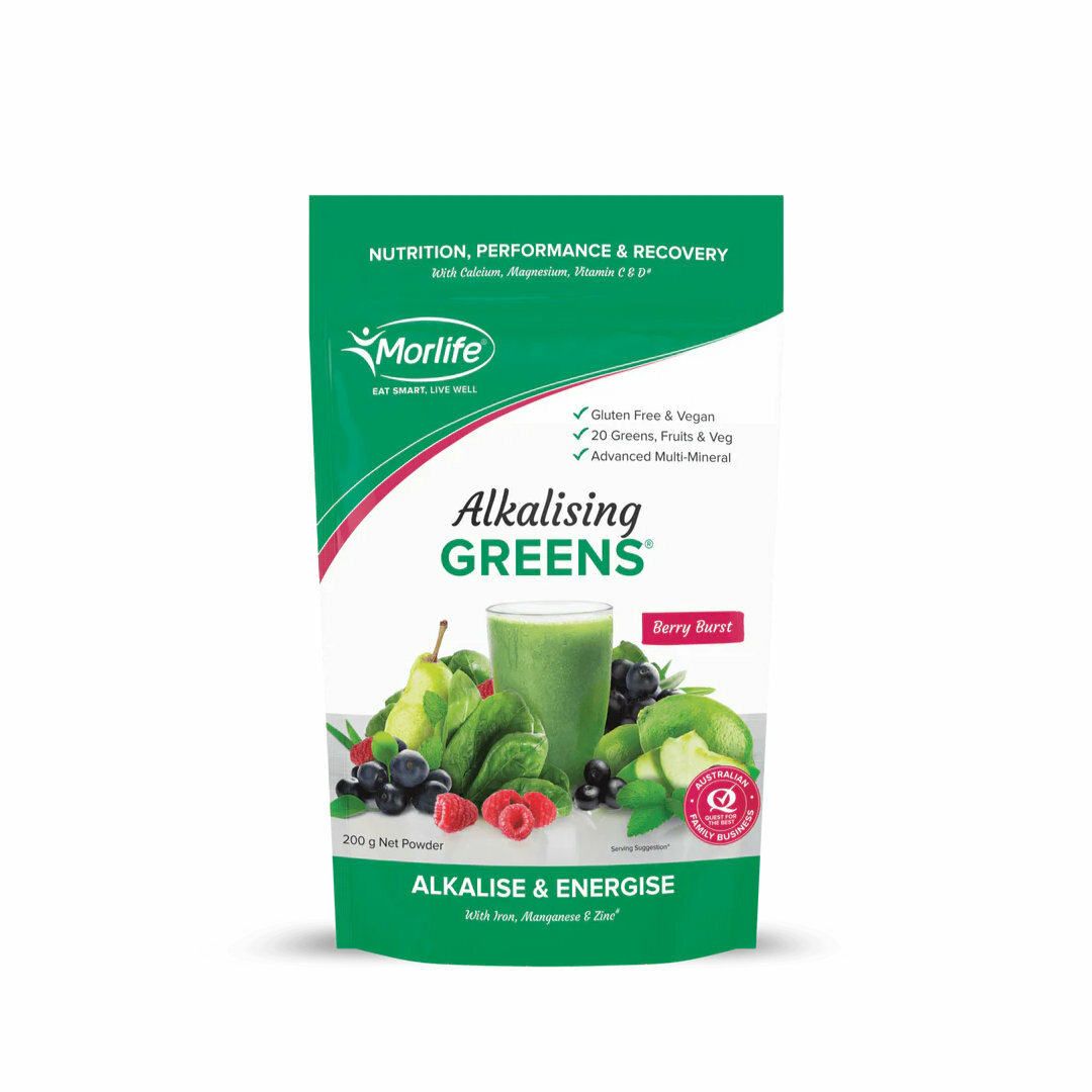 Alkalising Greens® is a vitality boosting formula, scientifically researched to optimise your nutrition and neutralise the body’s daily acid production. With an incredible PRAL1 score of -137, this delicious Berry Burst blend supports crucial acid-alkaline and electrolyte balance with bioactive minerals like Zinc, Magnesium & Potassium